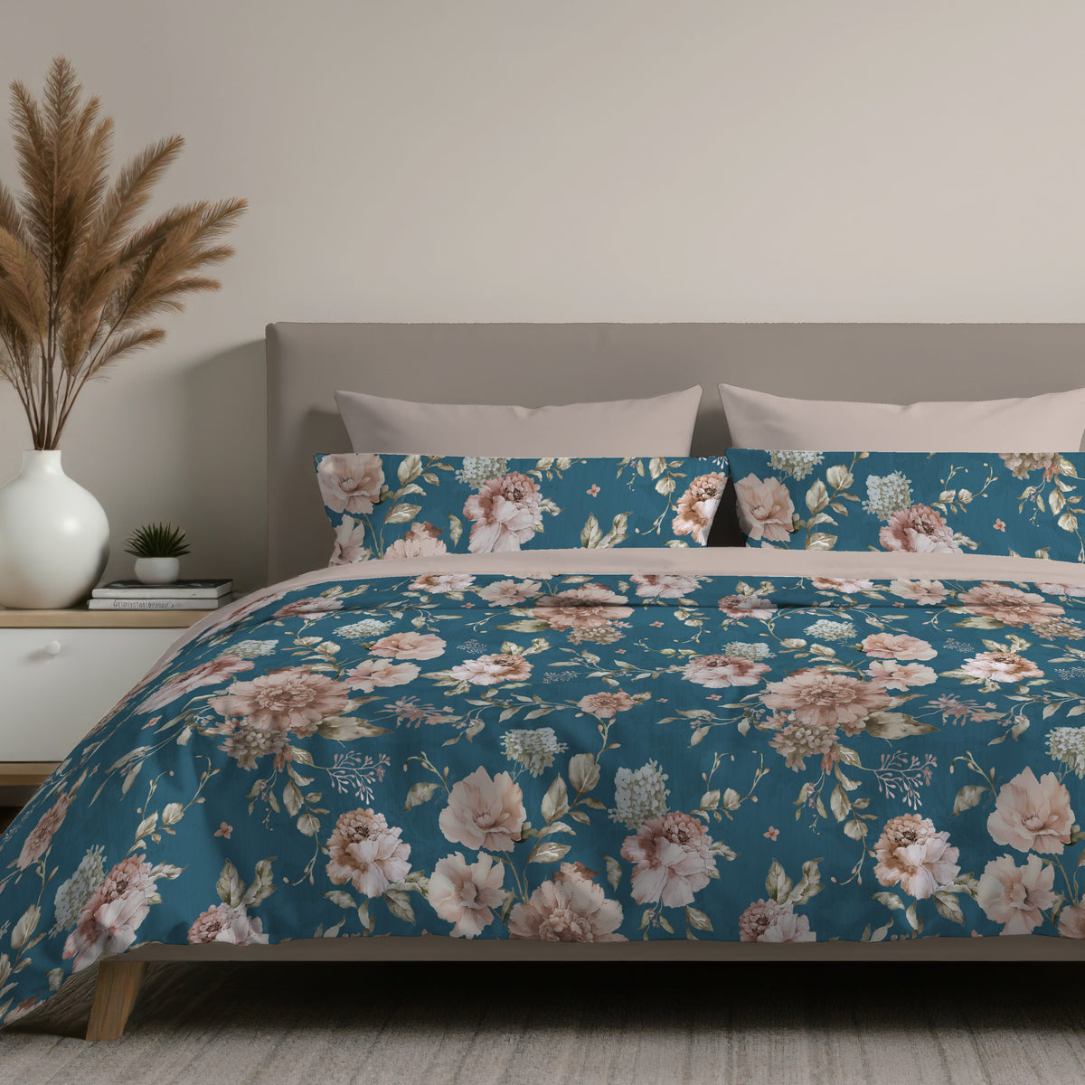 Completo Letto in 100% Cotone con lenzuola e Federe garden petrolio