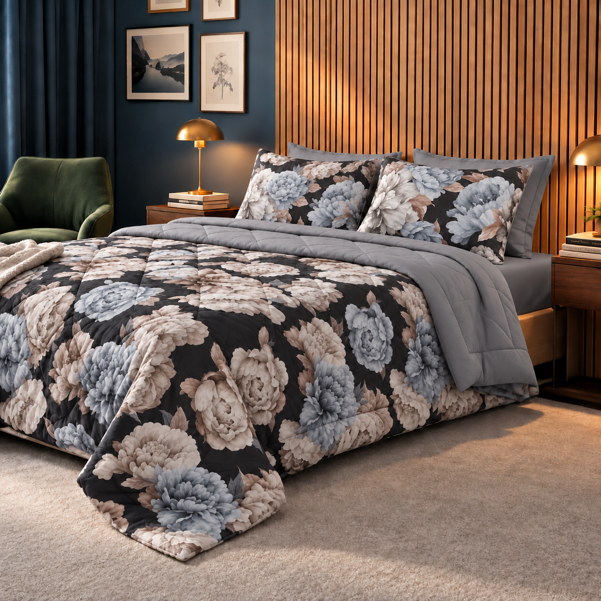 Set Copripiumino e federe in 100% cotone peonia grigio