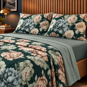 Completo Letto in 100% Cotone con lenzuola e Federe peonia verde