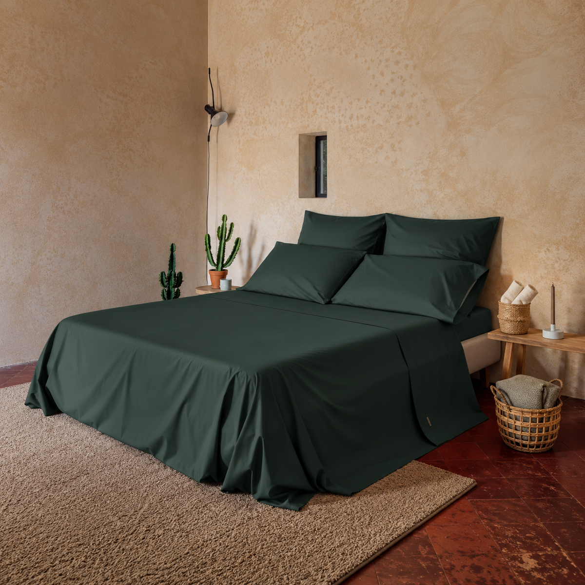 Completo Letto tinta unita in 100% Cotone con Lenzuola e Federe foresta