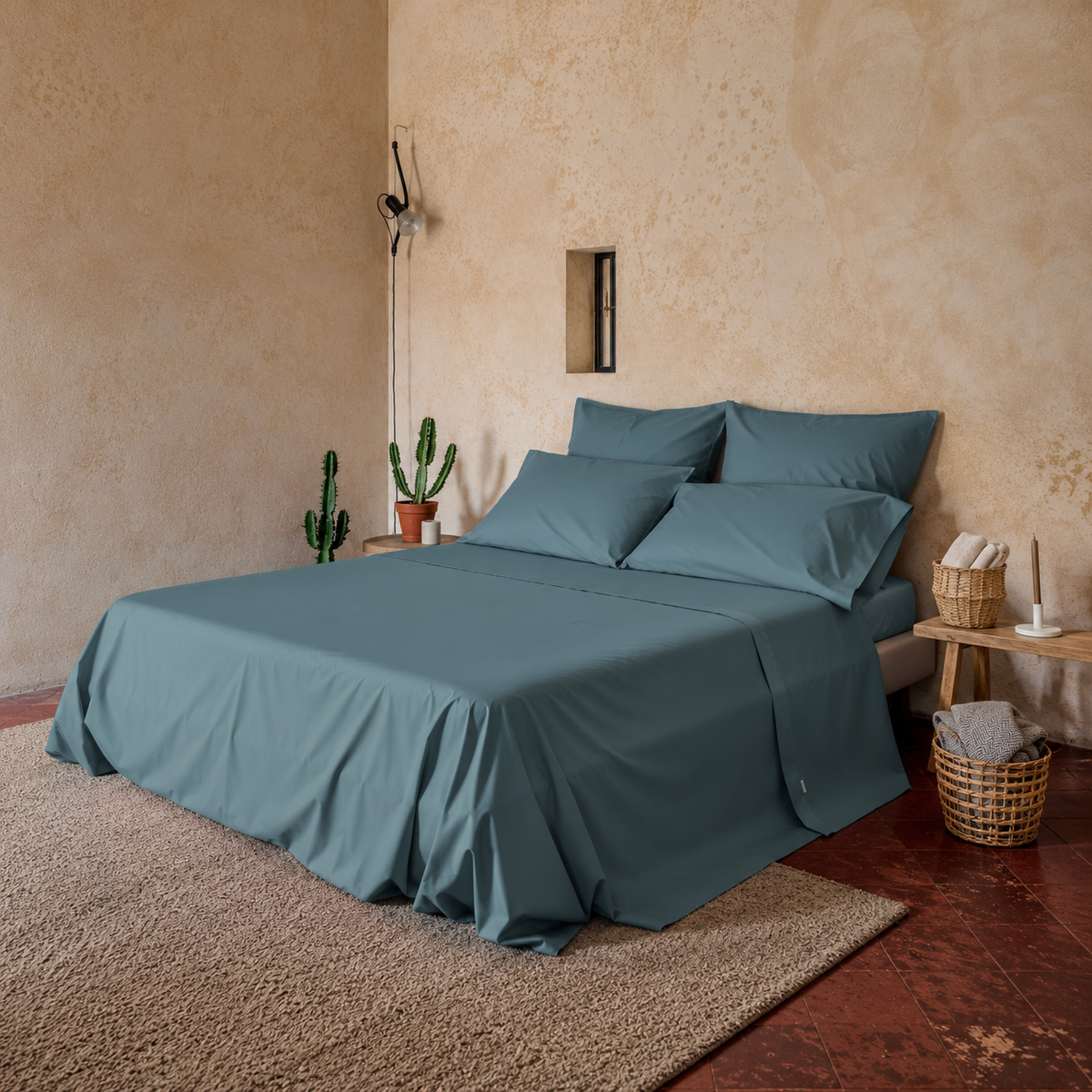 Completo Letto tinta unita in 100% Cotone con Lenzuola e Federe laguna