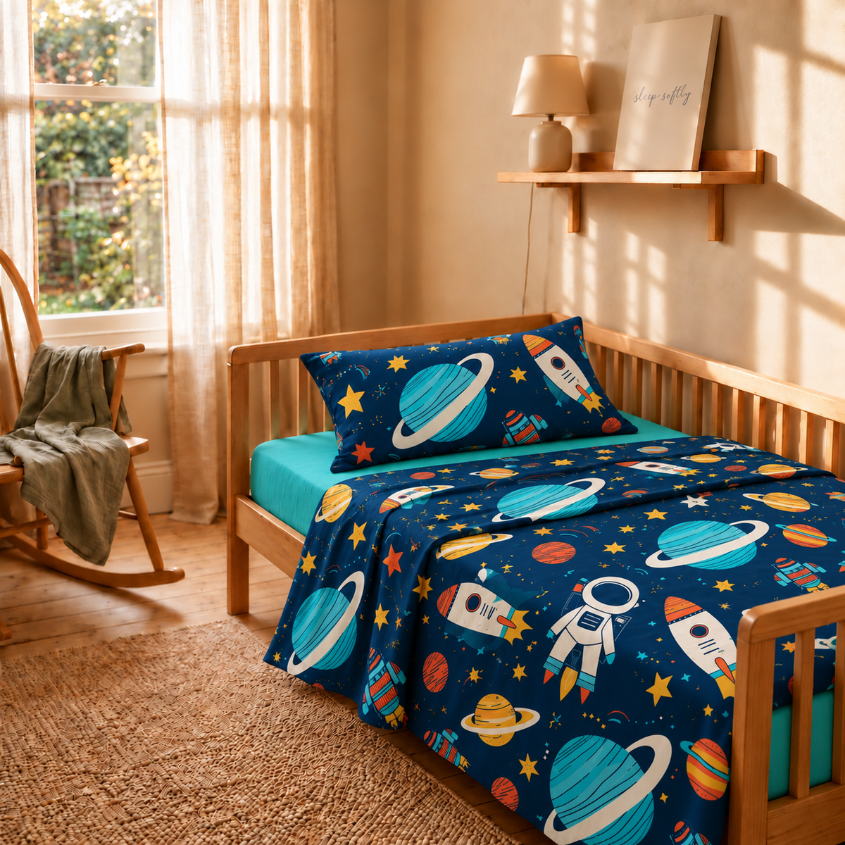 Completo letto kids in 100% Cotone con lenzuola e federe spazio