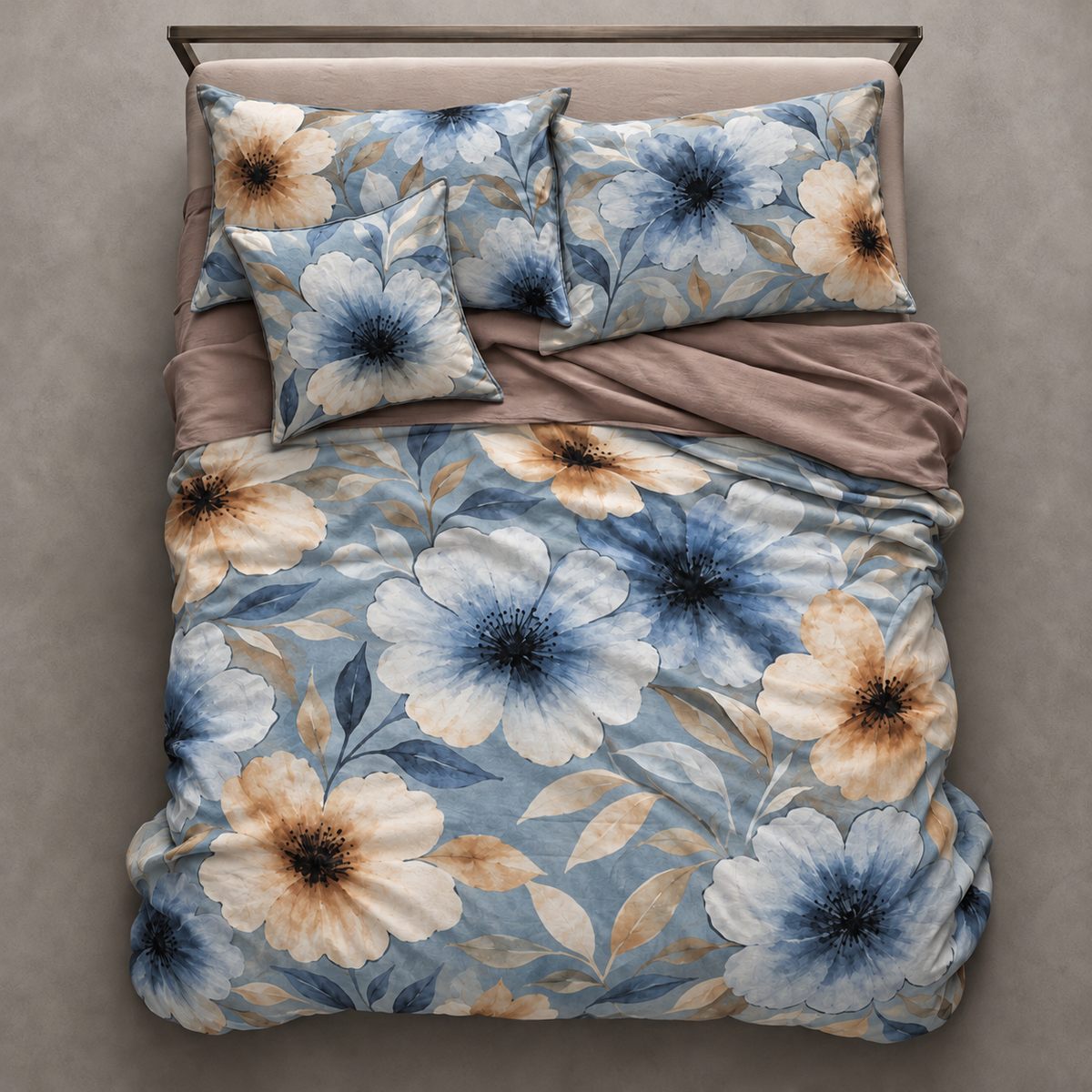 Completo Letto in 100% Cotone con stampa digitale fiori blu