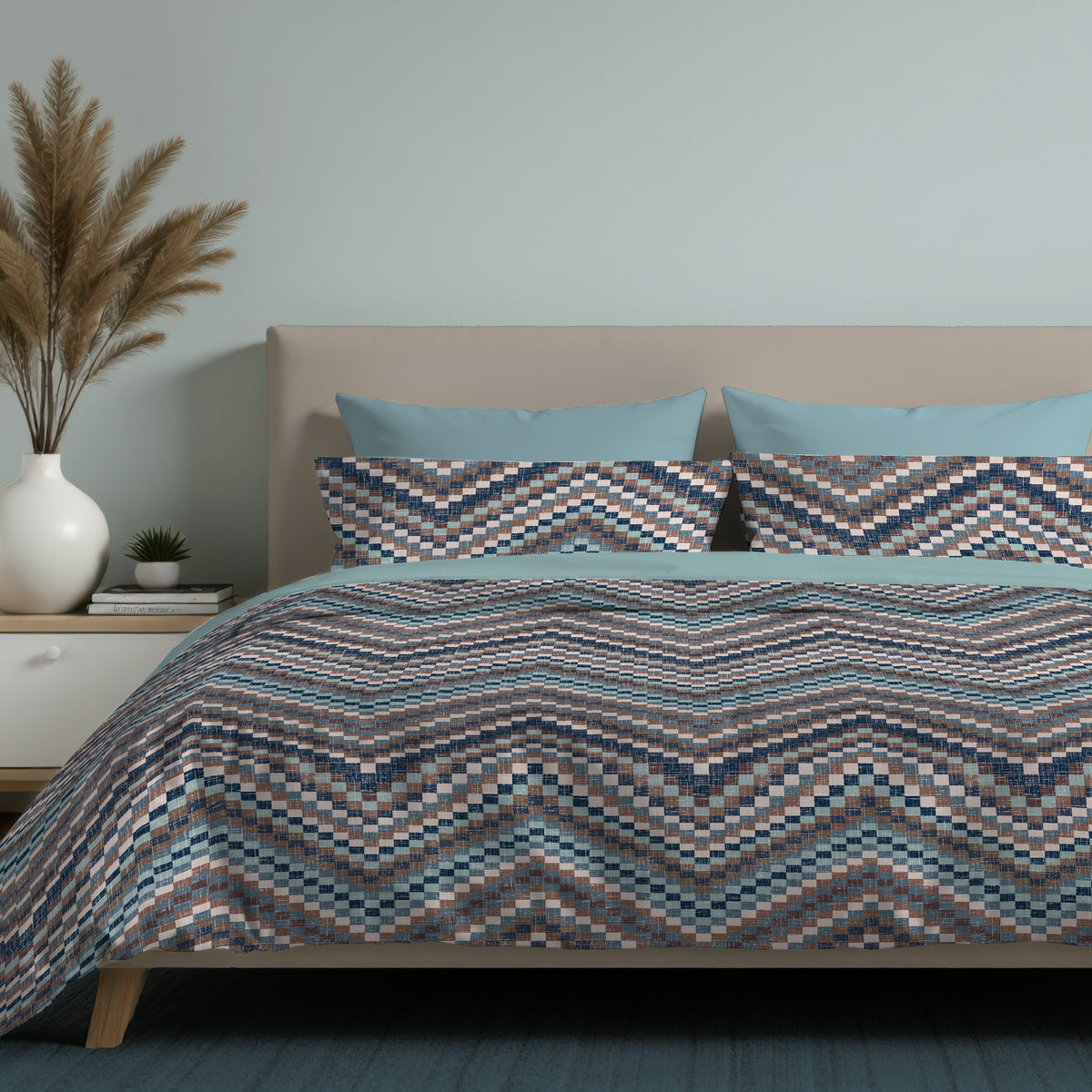 Completo Letto in 100% Cotone con lenzuola e Federe chevron blu