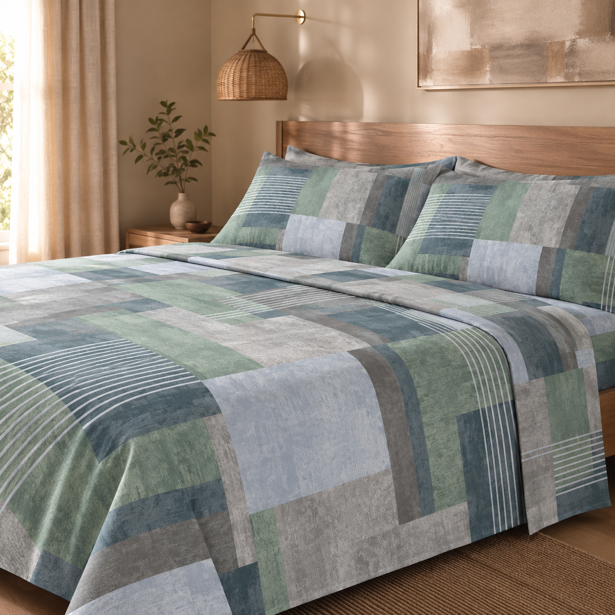 Set Copripiumino e federe in 100% cotone geometrico verde