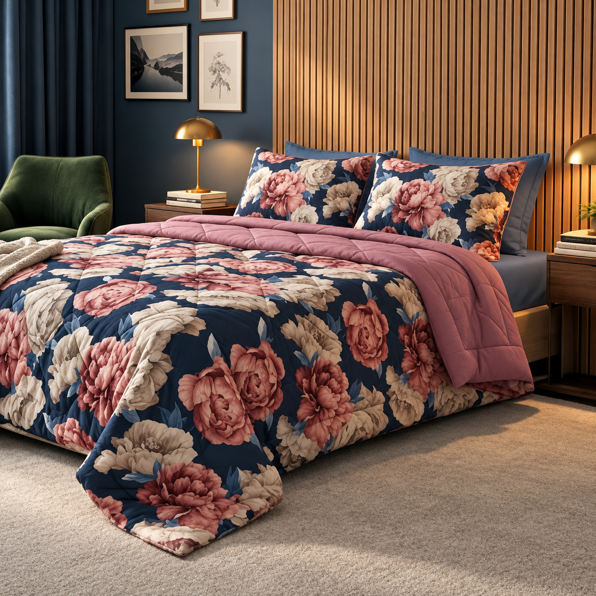 Set Copripiumino e federe in 100% cotone peonia blu