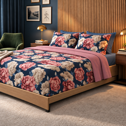Completo Letto in 100% Cotone con lenzuola e Federe peonia blu