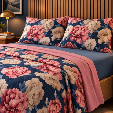 Completo Letto in 100% Cotone con lenzuola e Federe peonia blu