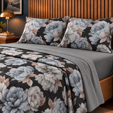 Completo Letto in 100% Cotone con lenzuola e Federe peonia grigio