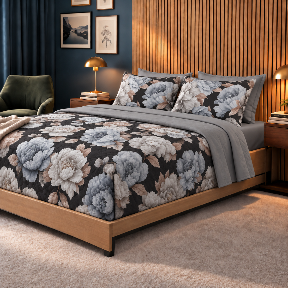 Completo Letto in 100% Cotone con lenzuola e Federe peonia grigio