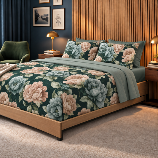 Completo Letto in 100% Cotone con lenzuola e Federe peonia verde