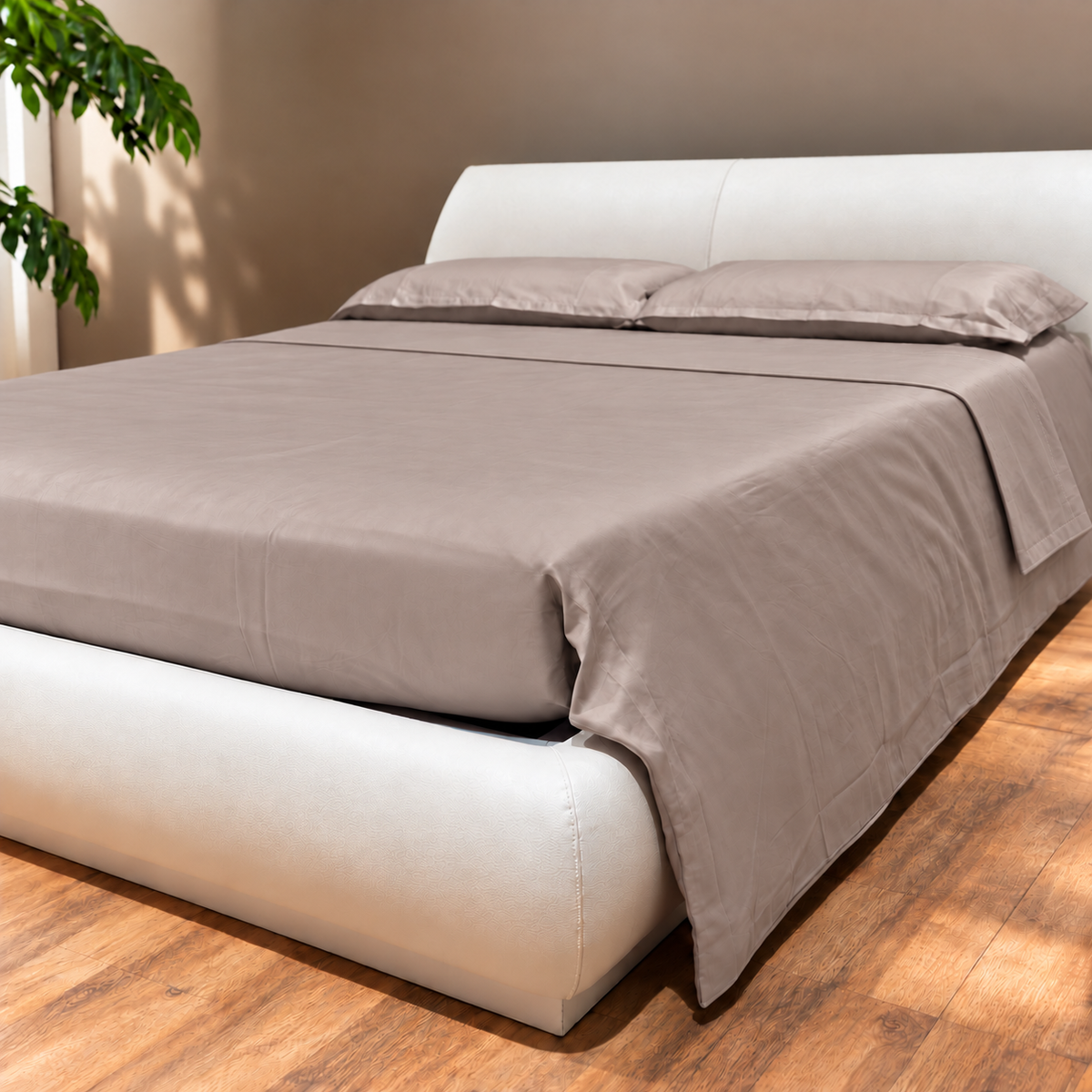 Completo Letto in raso con Lenzuola e Federe tortora
