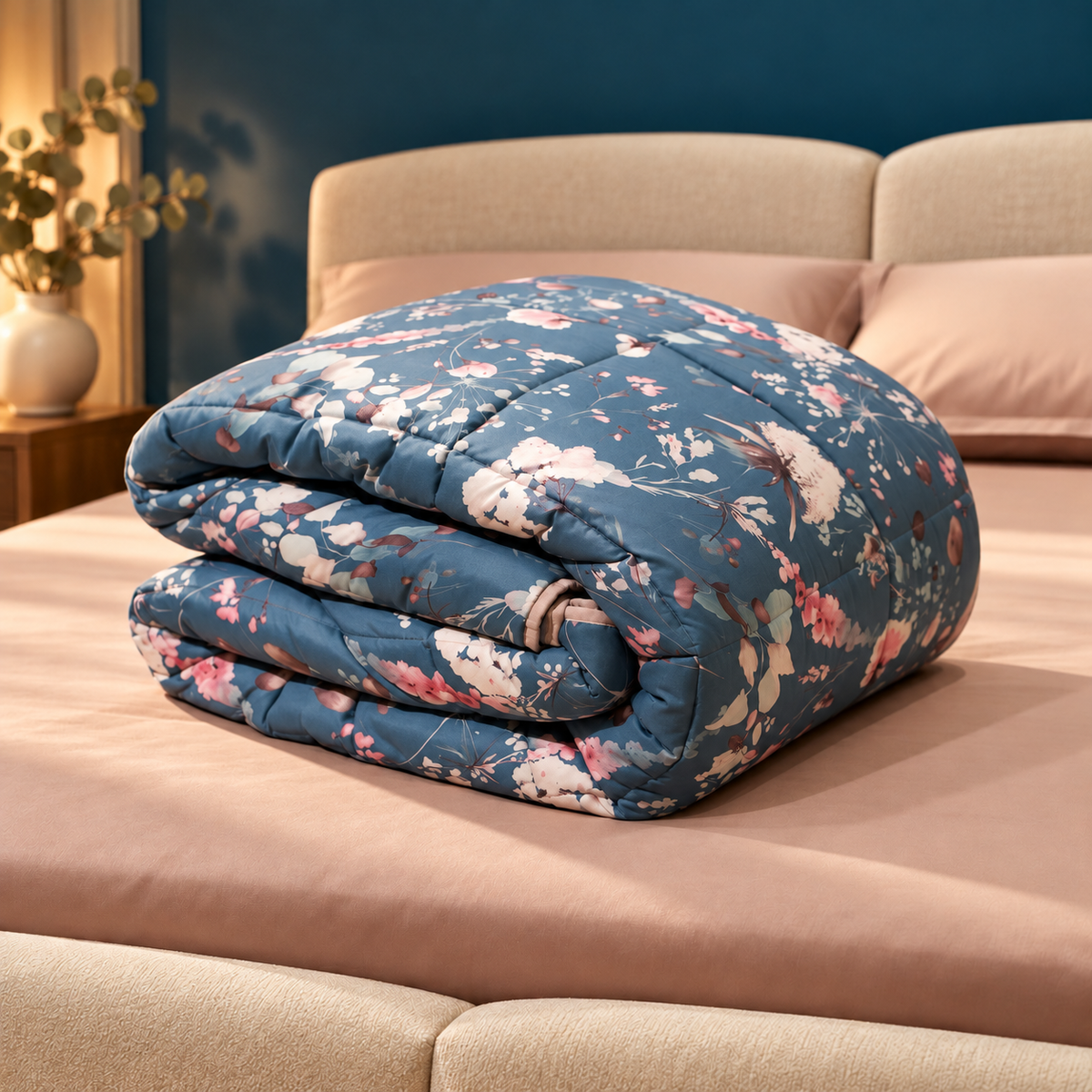 Trapunta imbottita blu con fiori