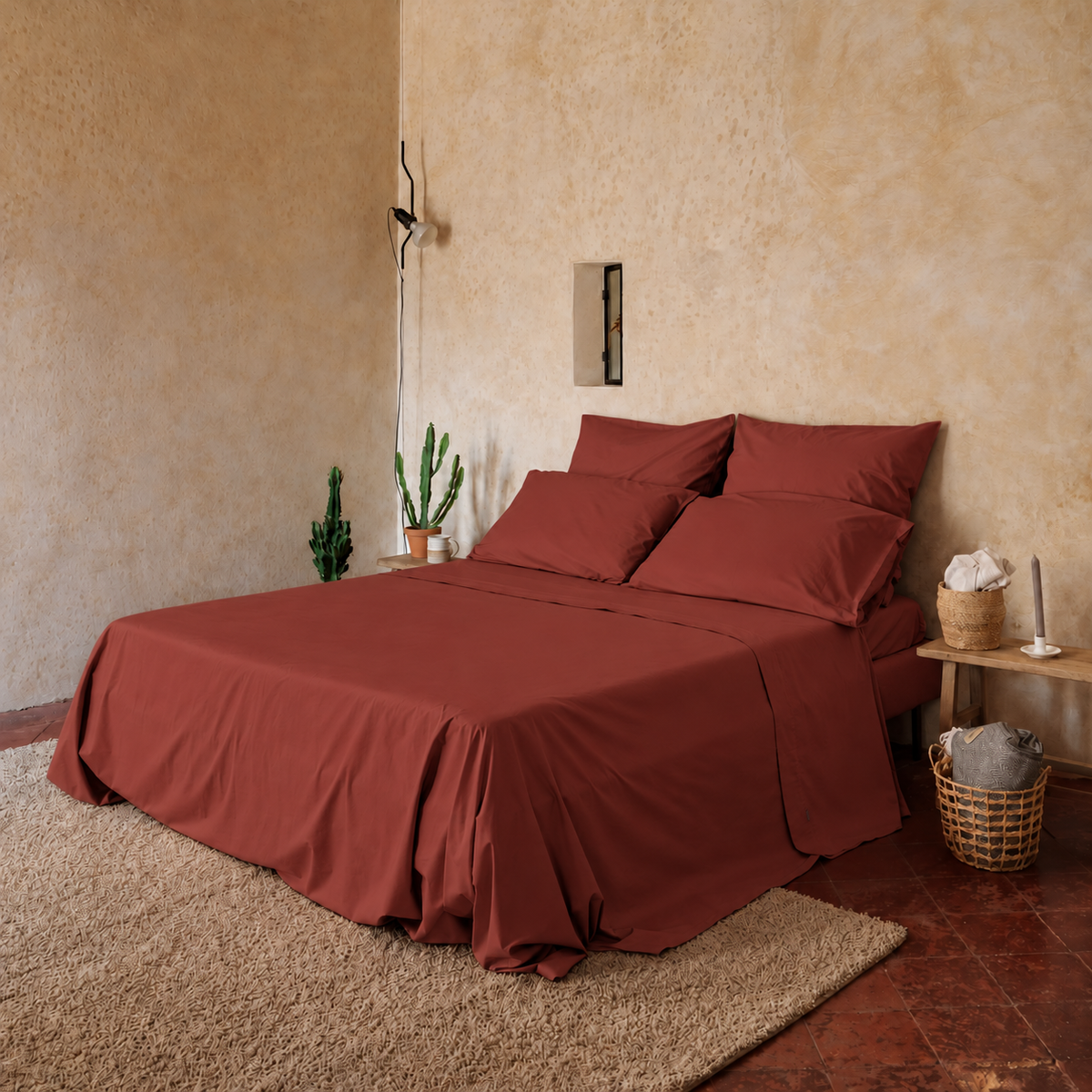 Completo Letto tinta unita in 100% Cotone con Lenzuola e Federe argilla