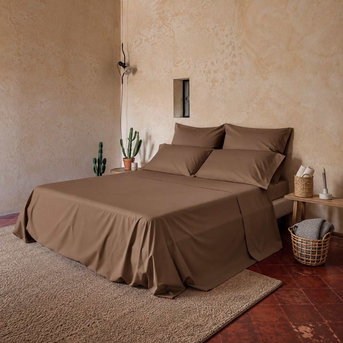 Completo Letto tinta unita in 100% Cotone con Lenzuola e Federe biscotto
