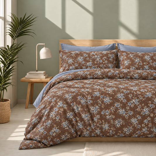 Completo Letto in 100% Cotone con lenzuola e Federe fiorellini azzurro