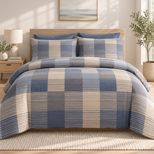 Completo Letto in 100% Cotone con lenzuola e Federe scacchi blu