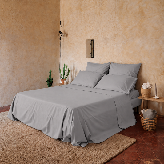 Completo Letto tinta unita in 100% Cotone con Lenzuola e Federe perla