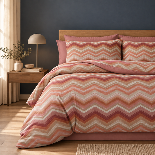 Completo Letto in 100% Cotone con Lenzuola e Federe onde rosso