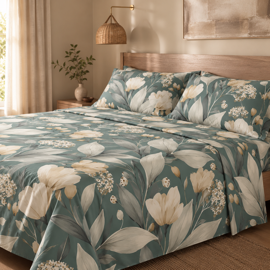 Completo Letto in 100% Cotone con lenzuola e Federe autunno verde
